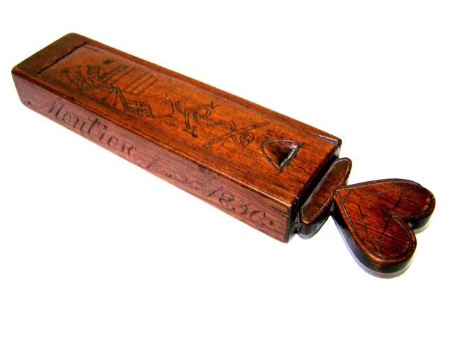 A Sailor Carved Wooden Razor Box with Heart Handle inscribed 'Charles Adam, Montrose, June 26, 1830'